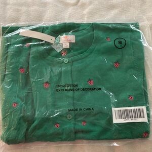 Quacker Factory Green Knit Top with Pink strawberry Embroidery